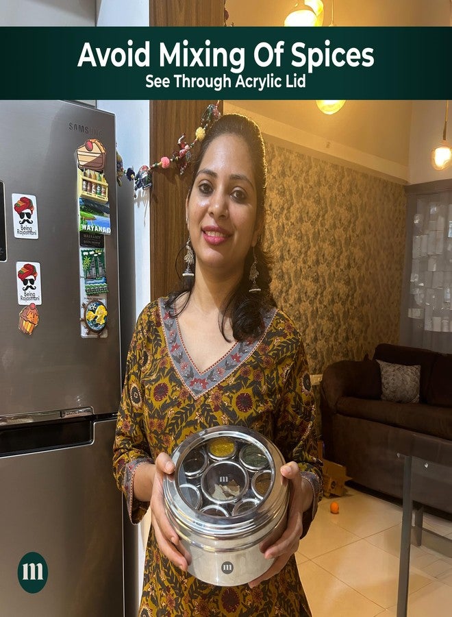 مارو علبة توابل مارو 8 في 1 من الفولاذ المقاوم للصدأ مع غطاء شفاف - علبة ماسالا متينة لتخزين التوابل والبهارات في المطبخ، تصميم أنيق مع 8 حاويات للتوابل والبهارات، فضي - Image 3